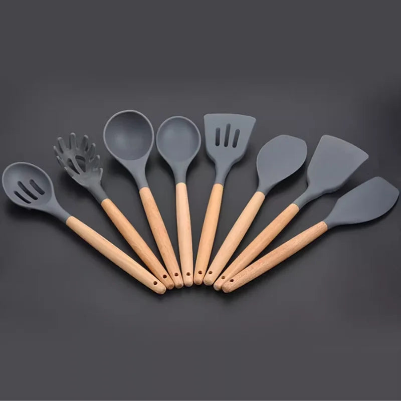 KIT de Cozinha Conjunto com 12 peças Jogo de Utensílios Culinários Cabo de Madeira Antiaderente