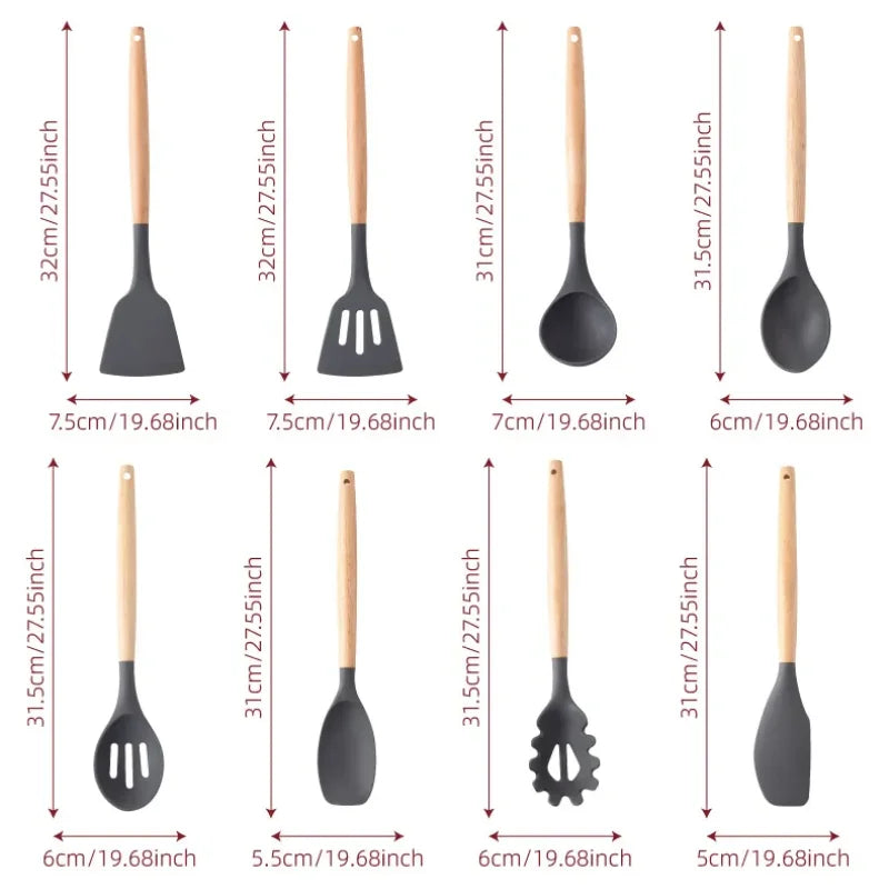 KIT de Cozinha Conjunto com 12 peças Jogo de Utensílios Culinários Cabo de Madeira Antiaderente