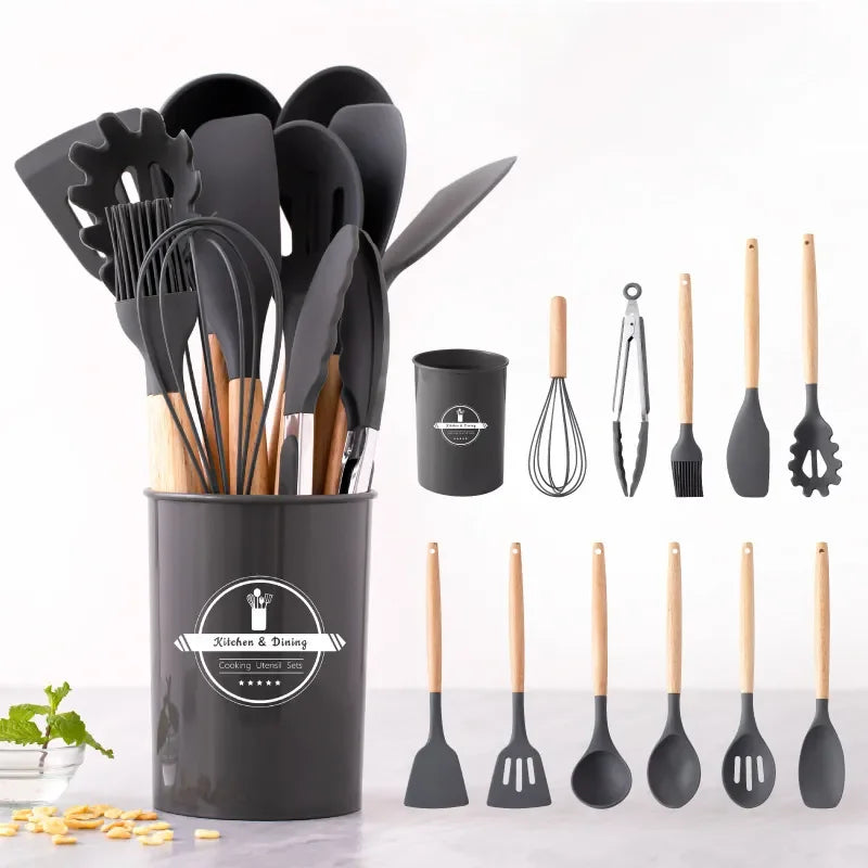 KIT de Cozinha Conjunto com 12 peças Jogo de Utensílios Culinários Cabo de Madeira Antiaderente