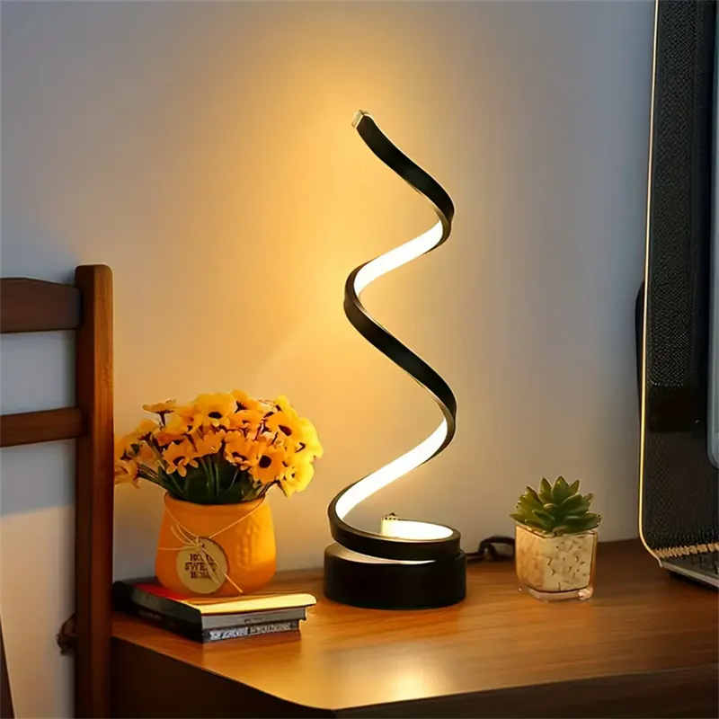 Luminária de Mesa LED Moderna com USB – Design Espiral, Brilho Ajustável e Luz Branca Quente para Quarto e Sala