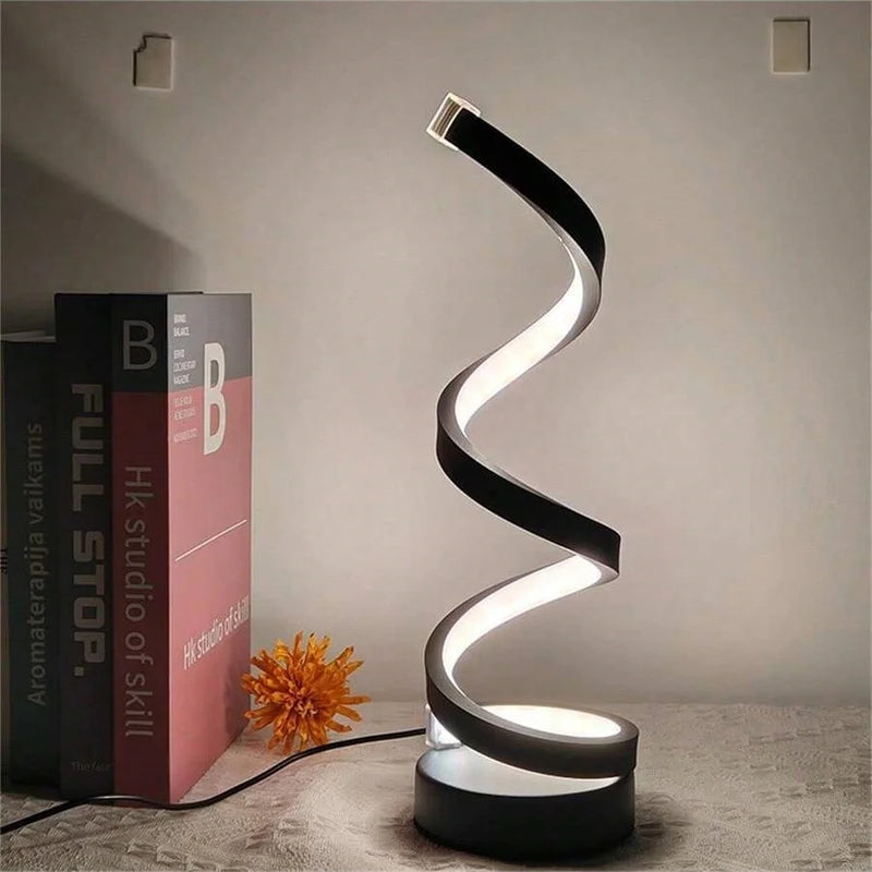 Luminária de Mesa LED Moderna com USB – Design Espiral, Brilho Ajustável e Luz Branca Quente para Quarto e Sala