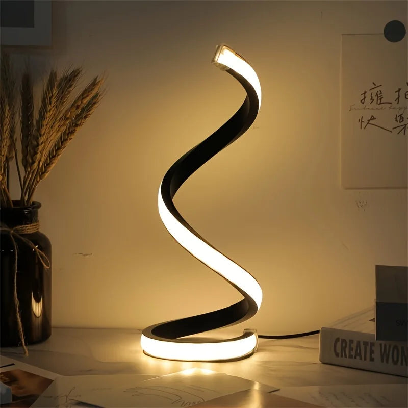 Luminária de Mesa LED Moderna com USB – Design Espiral, Brilho Ajustável e Luz Branca Quente para Quarto e Sala