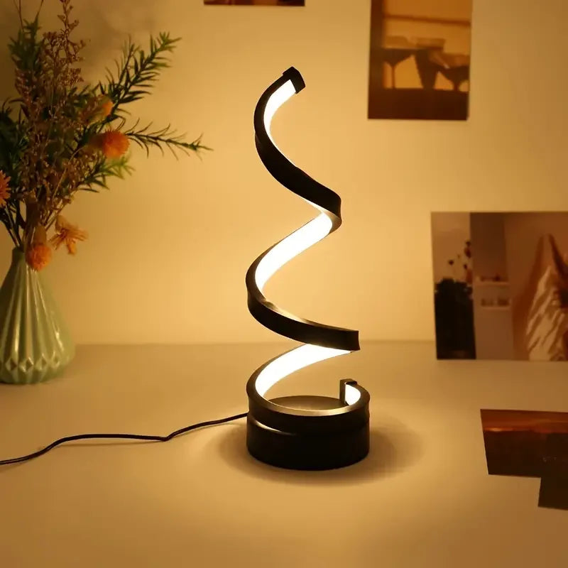 Luminária de Mesa LED Moderna com USB – Design Espiral, Brilho Ajustável e Luz Branca Quente para Quarto e Sala