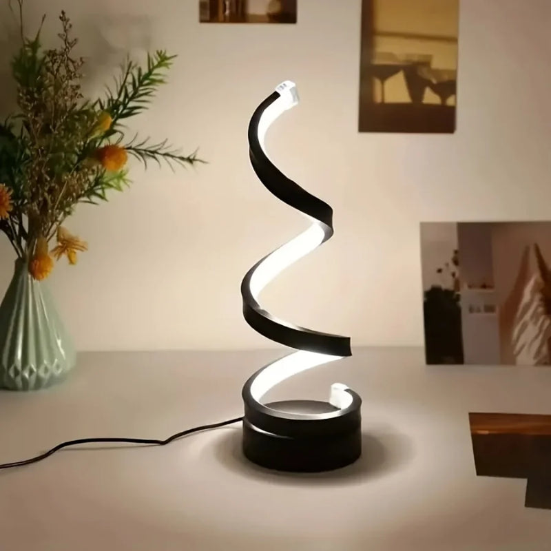 Luminária de Mesa LED Moderna com USB – Design Espiral, Brilho Ajustável e Luz Branca Quente para Quarto e Sala