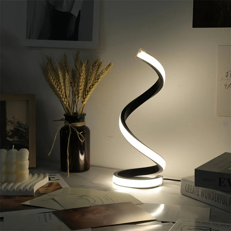 Luminária de Mesa LED Moderna com USB – Design Espiral, Brilho Ajustável e Luz Branca Quente para Quarto e Sala