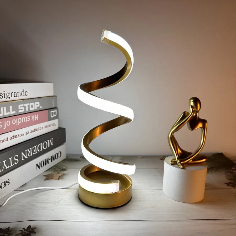 Luminária de Mesa LED Moderna com USB – Design Espiral, Brilho Ajustável e Luz Branca Quente para Quarto e Sala