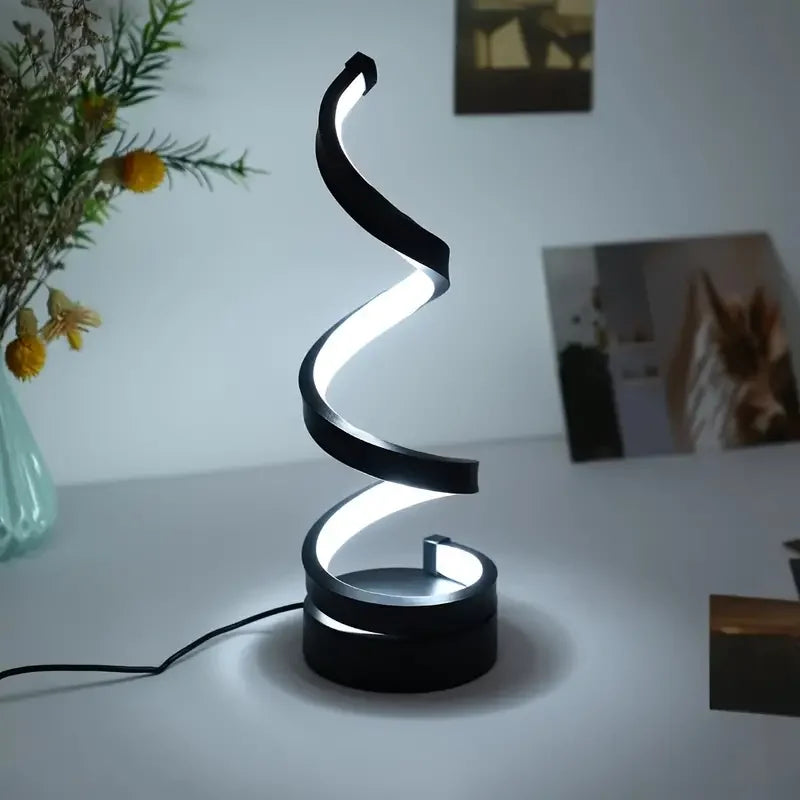 Luminária de Mesa LED Moderna com USB – Design Espiral, Brilho Ajustável e Luz Branca Quente para Quarto e Sala