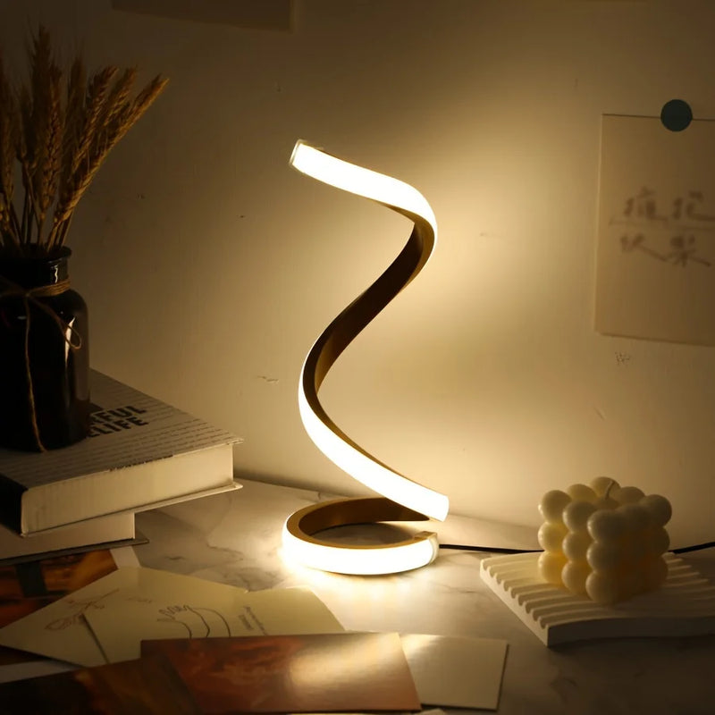 Luminária de Mesa LED Moderna com USB – Design Espiral, Brilho Ajustável e Luz Branca Quente para Quarto e Sala