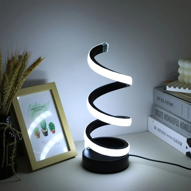 Luminária de Mesa LED Moderna com USB – Design Espiral, Brilho Ajustável e Luz Branca Quente para Quarto e Sala