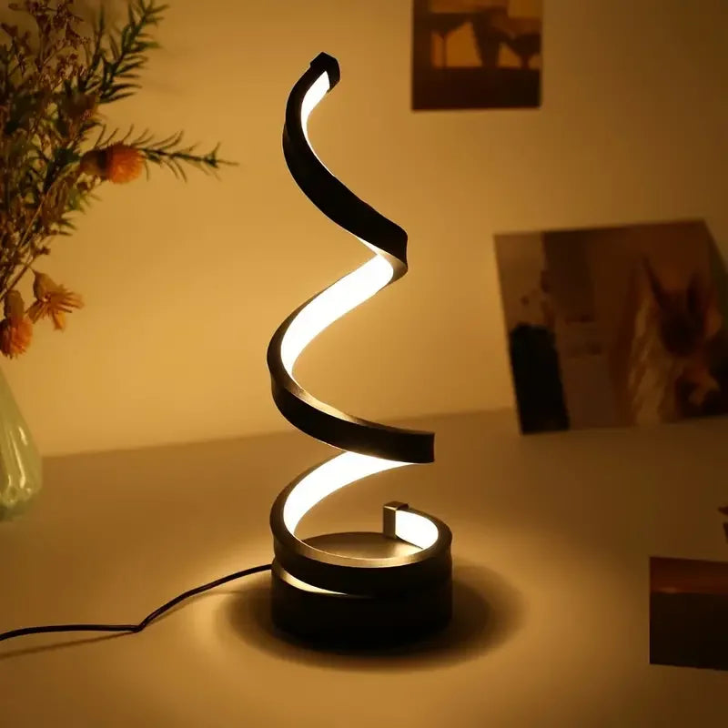 Luminária de Mesa LED Moderna com USB – Design Espiral, Brilho Ajustável e Luz Branca Quente para Quarto e Sala