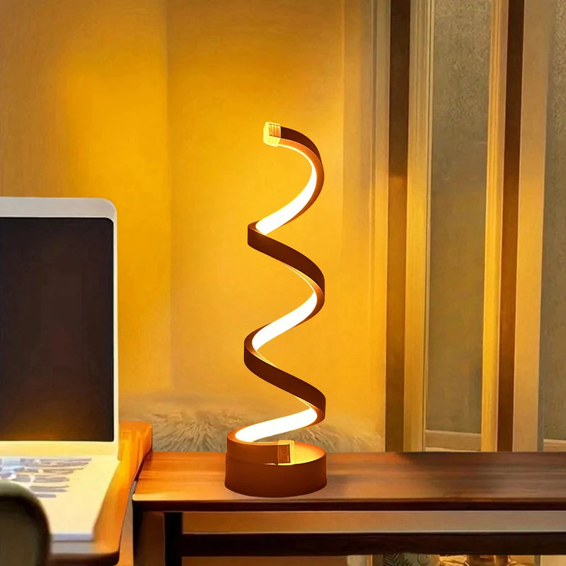 Luminária de Mesa LED Moderna com USB – Design Espiral, Brilho Ajustável e Luz Branca Quente para Quarto e Sala