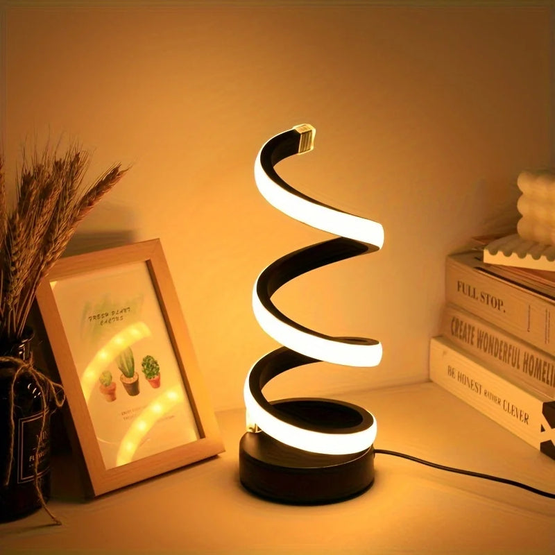 Luminária de Mesa LED Moderna com USB – Design Espiral, Brilho Ajustável e Luz Branca Quente para Quarto e Sala