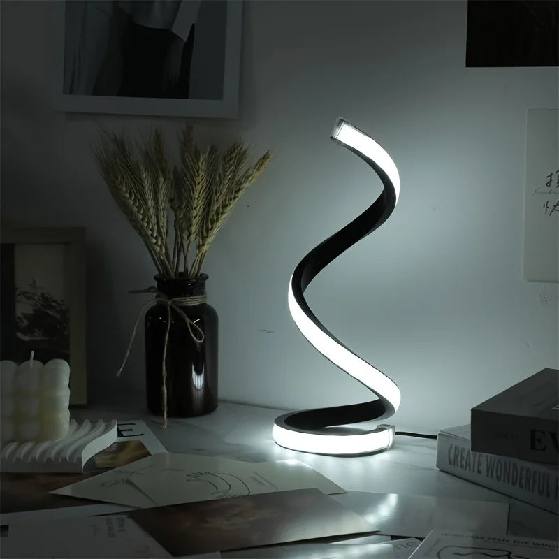 Luminária de Mesa LED Moderna com USB – Design Espiral, Brilho Ajustável e Luz Branca Quente para Quarto e Sala