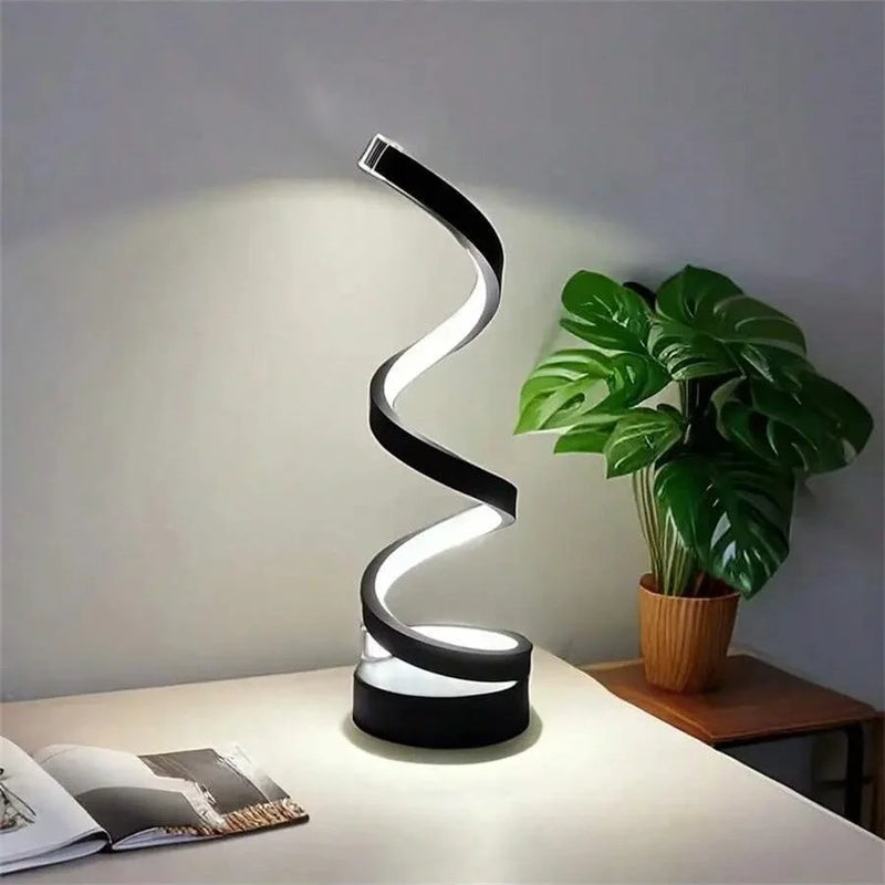 Luminária de Mesa LED Moderna com USB – Design Espiral, Brilho Ajustável e Luz Branca Quente para Quarto e Sala